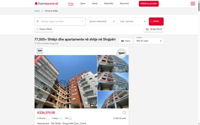 HomeZone search results for properties for sale in Albania, with filters and listing cards
