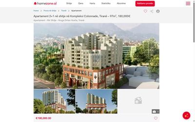 A HomeZone listing detail page for an apartment in Tirana, with photos and price