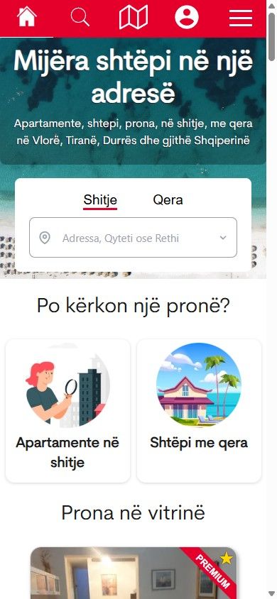 HomeZone home page on mobile, showing the property search bar over a coastal aerial photo